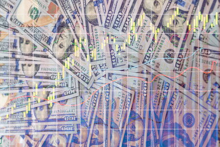 Double exposure of us dollar and graph as banking concept.の写真素材