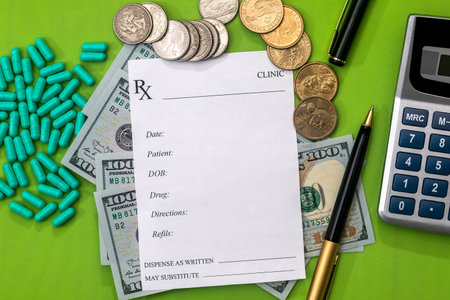 Green money caps and an empty Rx recipeの写真素材