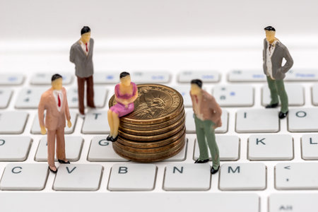 mini people on the keyboard with coins