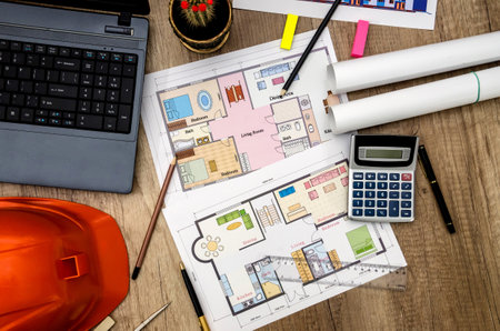 Concept, drawing, notebook, architecture, helmet on the table