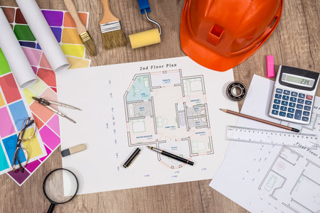 house project with building helmet, color palette and drawing toolsの写真素材