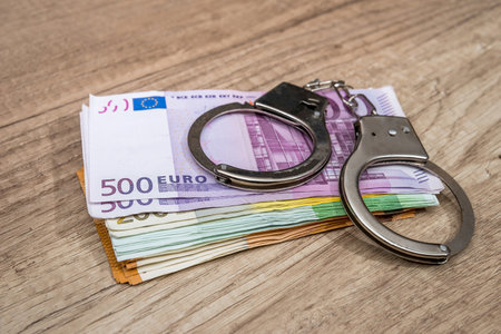 Handcuffs on the euro bills. crime conceptの写真素材