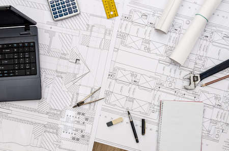 Engineer tools on sketch background top view