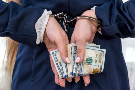 Arrested woman with hands and money behind backの写真素材