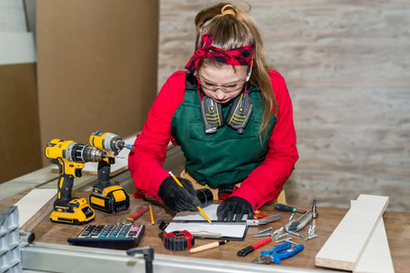 Woman carpenter making drawing of future furnitureの写真素材