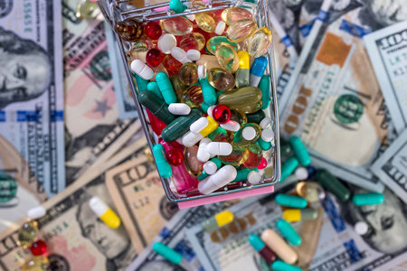 Top view of colorful tablets in cart on dollars background