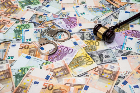 crime concept - handcuffs, gavel dollar and euro billsの写真素材
