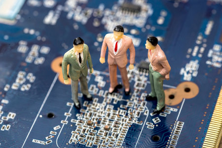 small toys are on a blue motherboard.