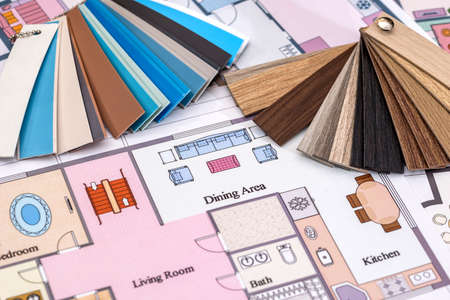 architectural drawings on paper and samples of colors