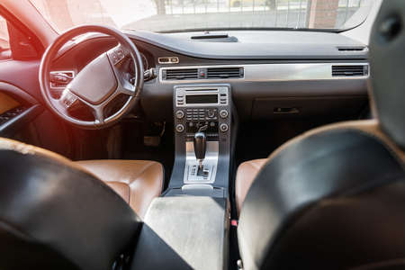 Details of car interior, brown saloon with leather seatsの写真素材