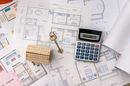 House model with key on printed projectの写真素材