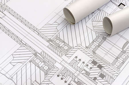 Engineer's drawing with rolls blueprint close upの写真素材