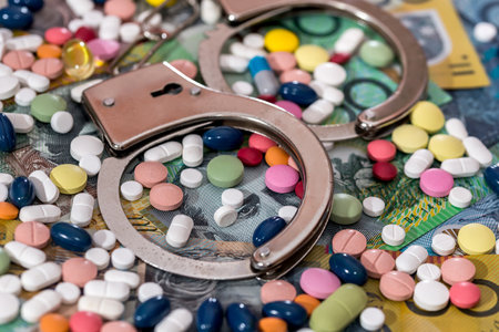 Closed handcuffs with colorful pills on australian dollar backgroundの写真素材