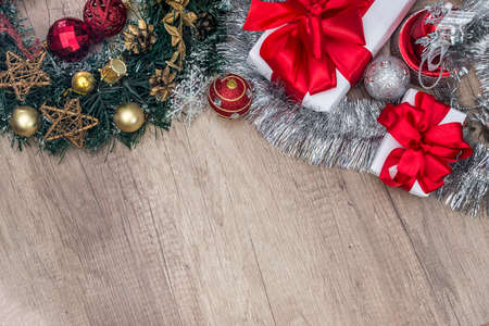 Christmas decorations on wooden table, top viewの写真素材