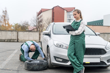 Mechanics changing wheel of a car at serviceの写真素材