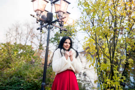 Woman in fashion dress and fur coat posing in autumn park