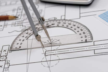 Drawing tool scale on technical sketch close upの写真素材
