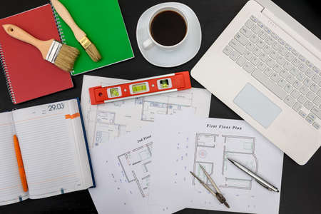 House project with tools, laptop and notepadの写真素材