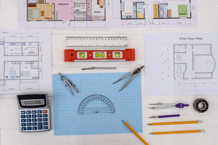 Drawing tools with house projects and millimeter paperの写真素材