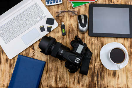 Top view on laptop, digital camera and tabletの写真素材