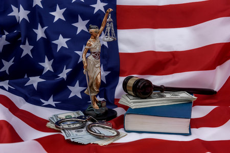 American flag as background for Themis, gavel and dollarsの写真素材