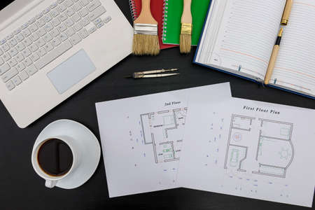 House project with tools, laptop and notepadの写真素材