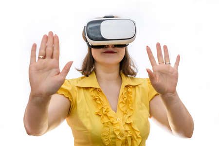 Woman in virtual glasses isolated on white background