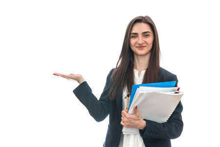 Woman in suit holding folder isolated on white