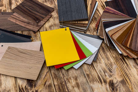 Designer's work place with different wooden samples