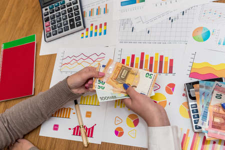 Business graphs with female hands holding euro