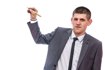 Businessman in suit posing isolated on white backgroundの写真素材