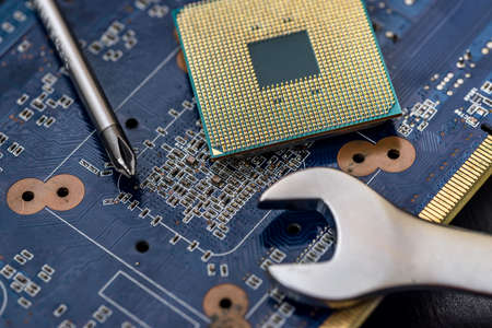 Motherboard with cpu chip on it close upの写真素材