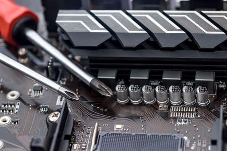 Selective focus on details on motherboard of personal computerの写真素材