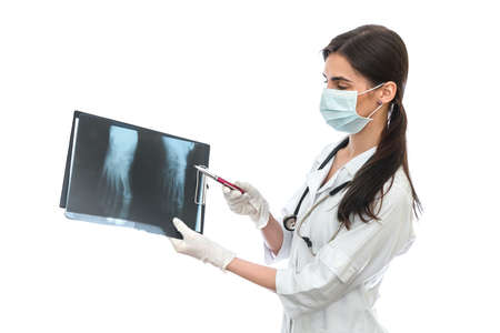 Doctor examining patient's x-ray of a footの写真素材