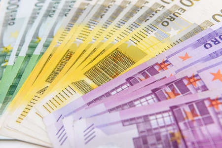 Colorful fan of euro banknotes close up as backgroundの写真素材