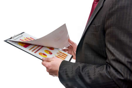Man in suit with business graphs on clipboard isolated