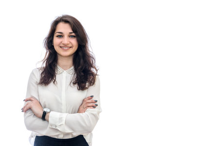 Woman with crossed hands posing on white background