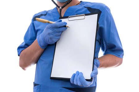young doctor showing on clipboard isolated on white.の写真素材