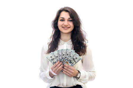 Female hands offering dollar banknotes close upの写真素材