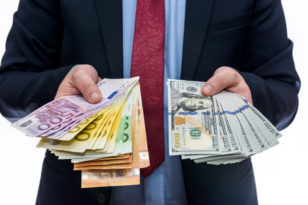 Man in business suit holds euro and dollar denominationsの写真素材
