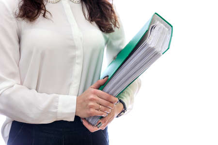 Woman with documents isolated on white backgroundの写真素材