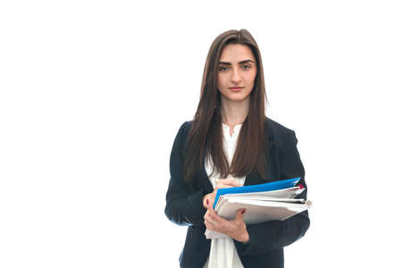 Woman in suit holding folder isolated on white