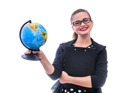 Young woman with globe isolated on whiteの写真素材