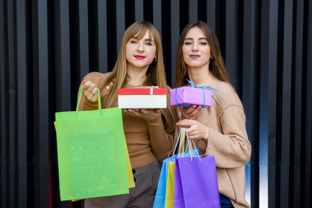 Two girls holding gift box. Celebration of the New Year or Christmas or birthday. Giving a presentの写真素材