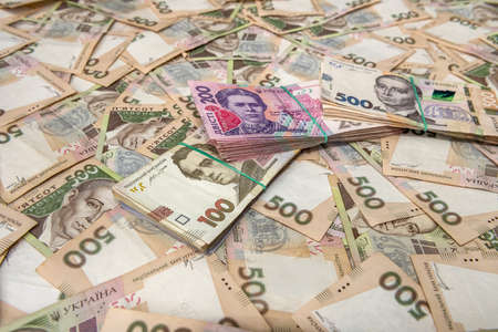 Ukrainian Money backgrounds. 500 banknotes. Hryvnia (UAH). Top view.の写真素材