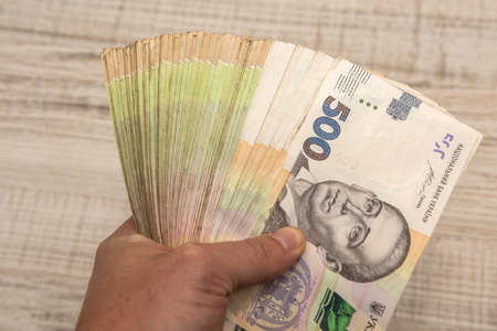 500 uah bundle of Hryvnia on desk. save.の写真素材