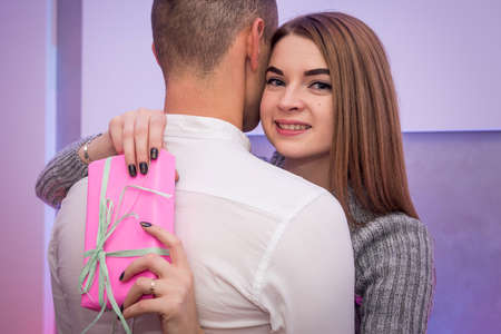 St. Valentine's day. Boyfriend making surprise to his girl in loveの写真素材