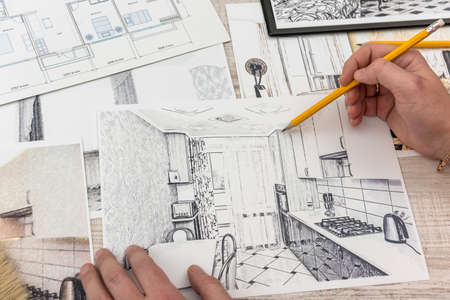 The designer paints a modern sketch of the apartment. Home design. Top viewの写真素材