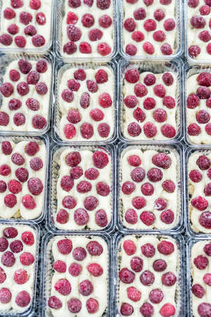 Food concept. Delicious desserts in plastic cases on factory with raspberry.の写真素材