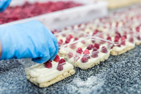 Confectioner decorating delicious desserts with raspberry on factory. Amazing delicious food